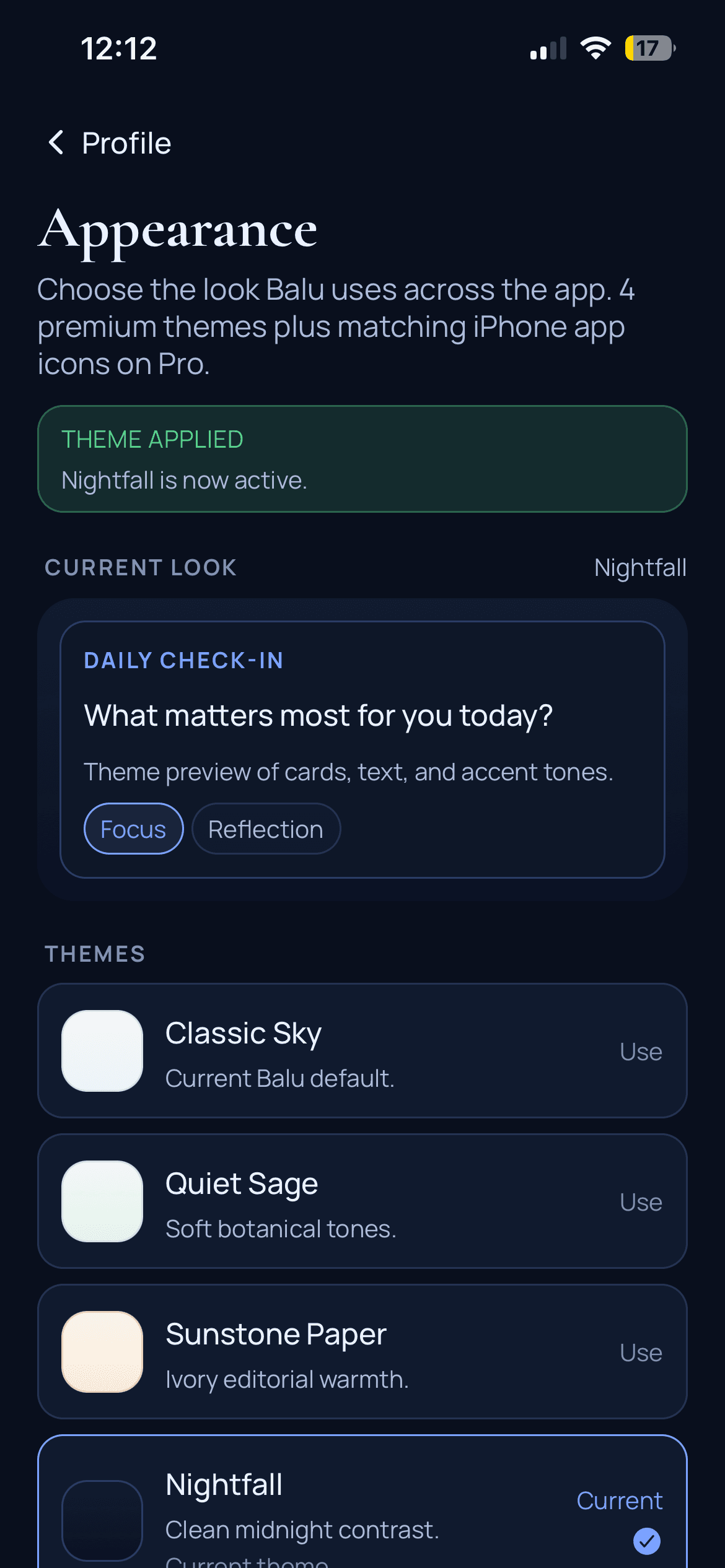 Balu appearance settings screen showing premium theme options and a Nightfall preview.